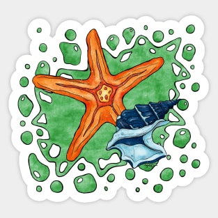 Bright star fish and shell, summer beach Sticker